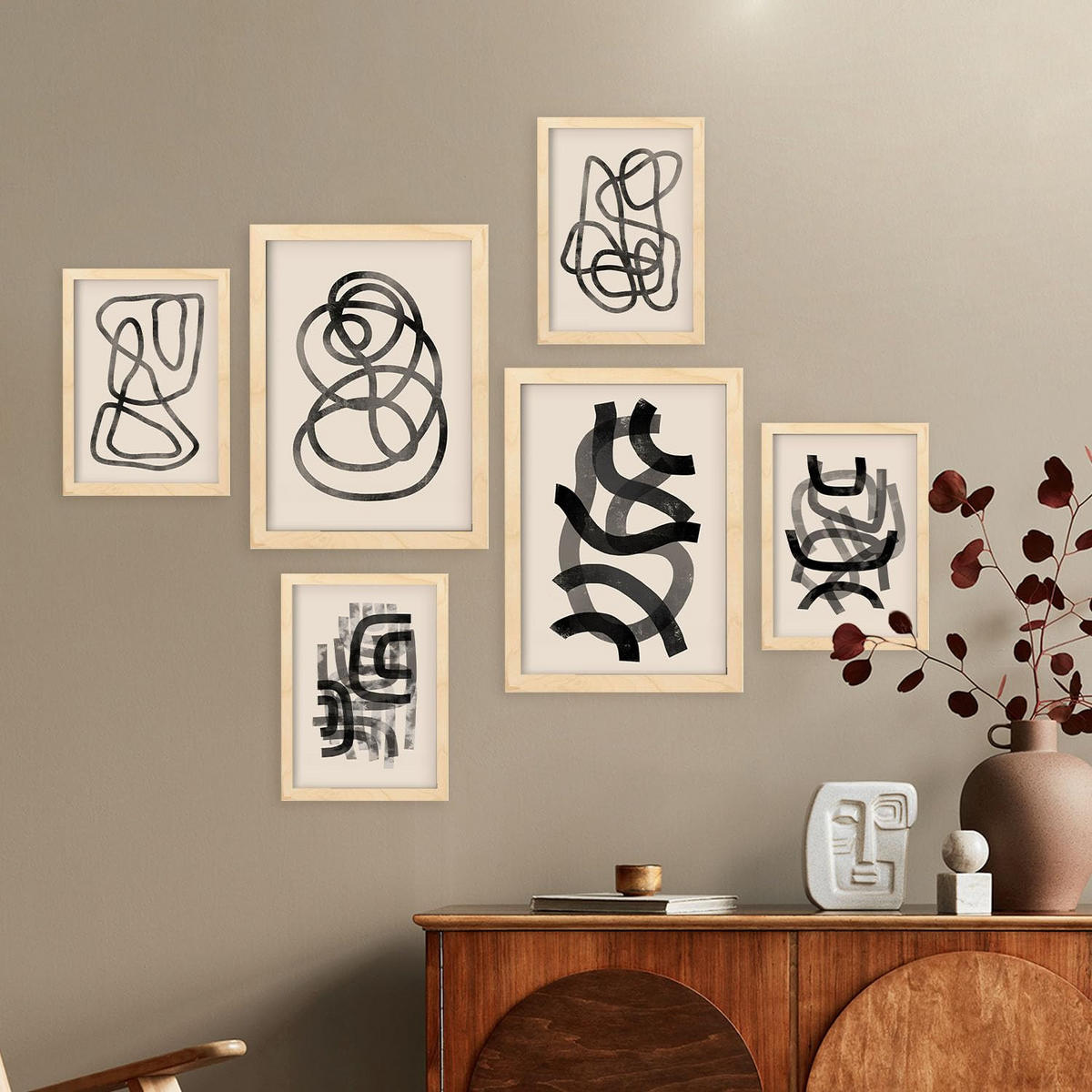 POSTER Set Mit 6 Zusammenfassungen In Form Ästhetische Dekorative Gemälde Für Ihr Wohnzimmer, Schlafzimmer Oder Zuhause A3 & A4 Rahmen Aus Hellem Holz - Beige, Papier (29/3cm) - Nacnic