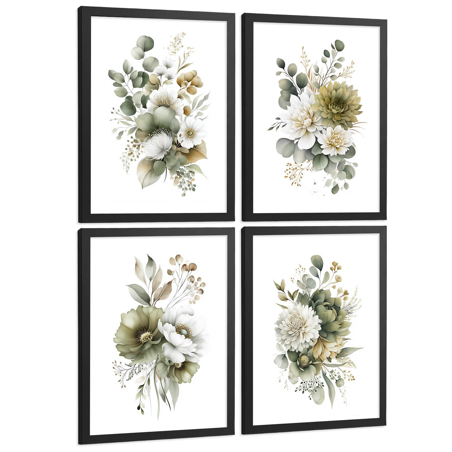 Nacnic PLAKAT Sada 4 boho botanických uměleckých tisků. Akvarelové květinové nástěnné umění. Velikost Černý rám A3