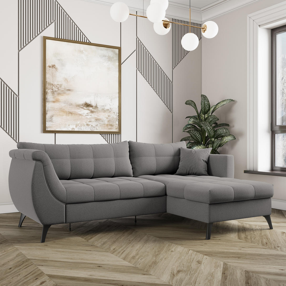 ECKSOFA MOLLIS Grau Geflochtener-Stoff mit Schlaffunktion - Grau, Holz (241/154cm) - MASSENO