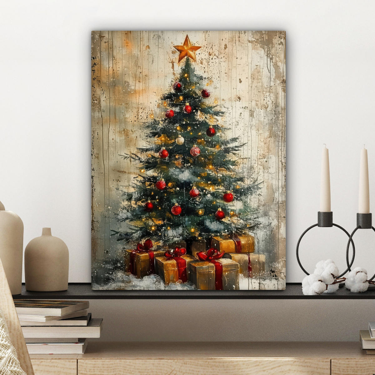 LEINWANDBILD Weihnachtsbaum - Vintage - Weihnachten - Geschenk Room Decor 30x40 cm - Rostfarben, Textil (30/40cm) - MuchoWow