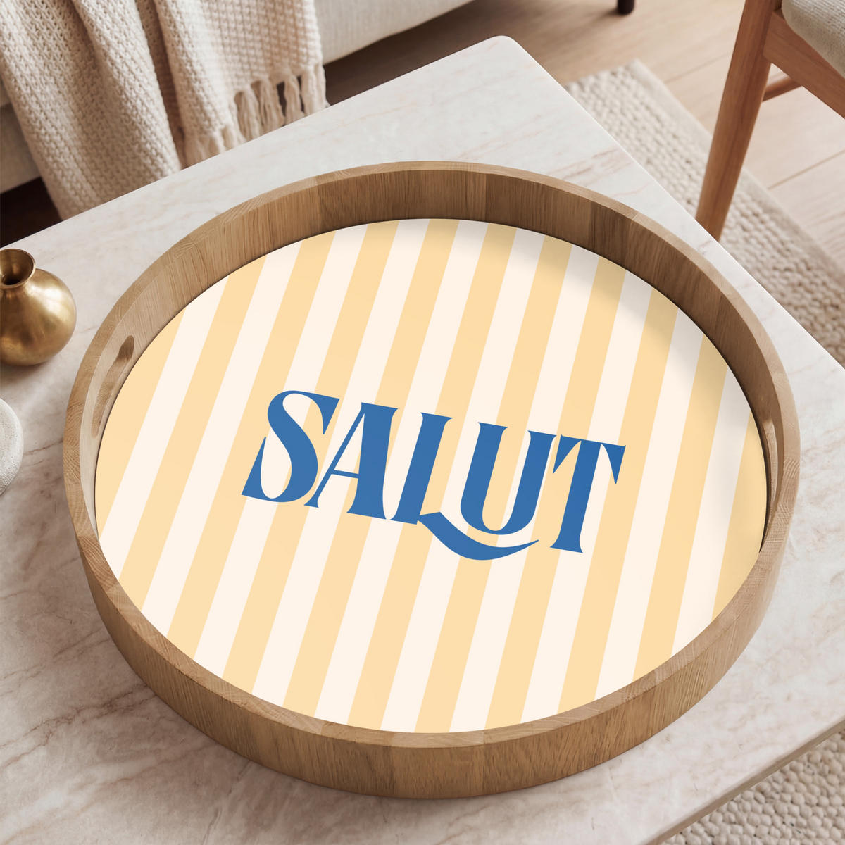 SERVÍROVACÍ PODNOS Salut - Citát - Pruhy - Žlutá - Modrá - Bílá 50x50 cm - béžová, dřevo (50/5/50cm)