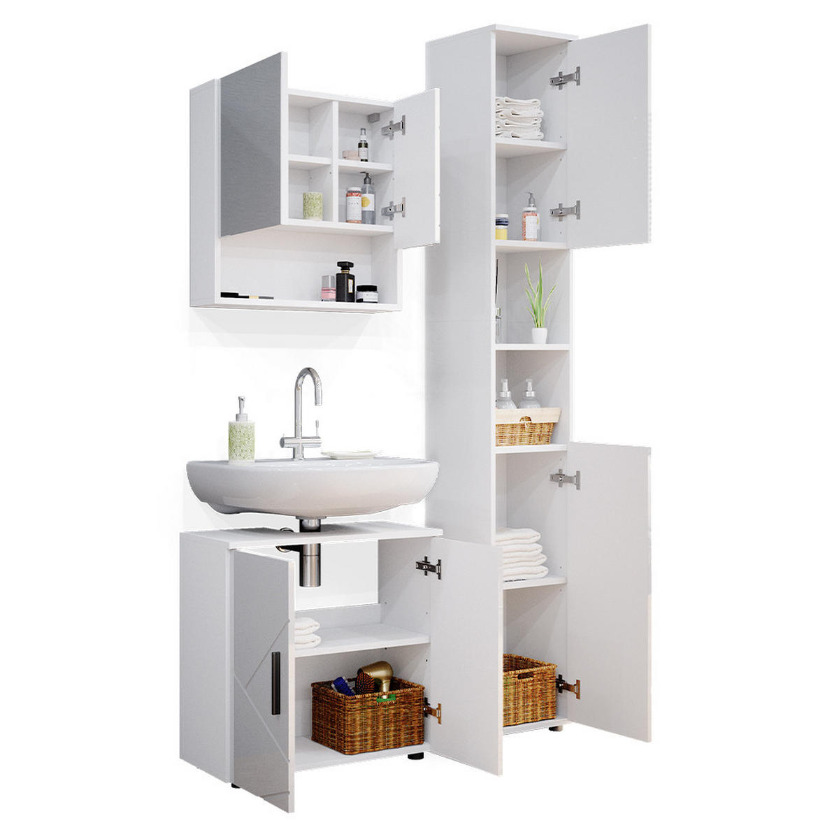 BADMÖBEL-SET Irma Weiß Hochglanz 3 Teile, mit Hochschrank - Weiß Hochglanz/Weiß, Holzwerkstoff (80/58.6/41cm) - Vicco