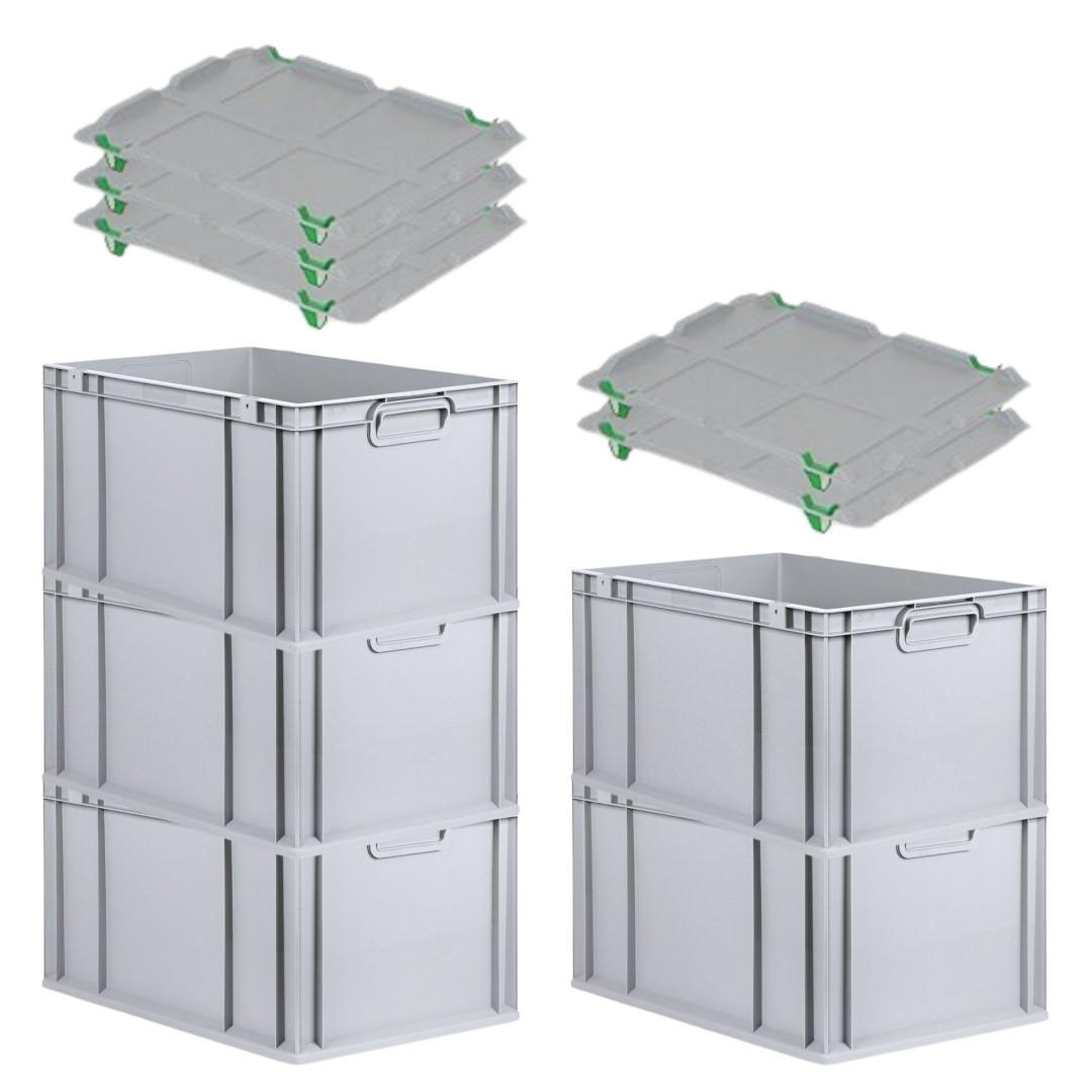 EUROBOX 5x Nextgen Economy Mit Auflagedeckel Grau/Grün Griffe Geschlossen 65 Liter - Grün, Kunststoff (40/32/60cm) - PROREGAL