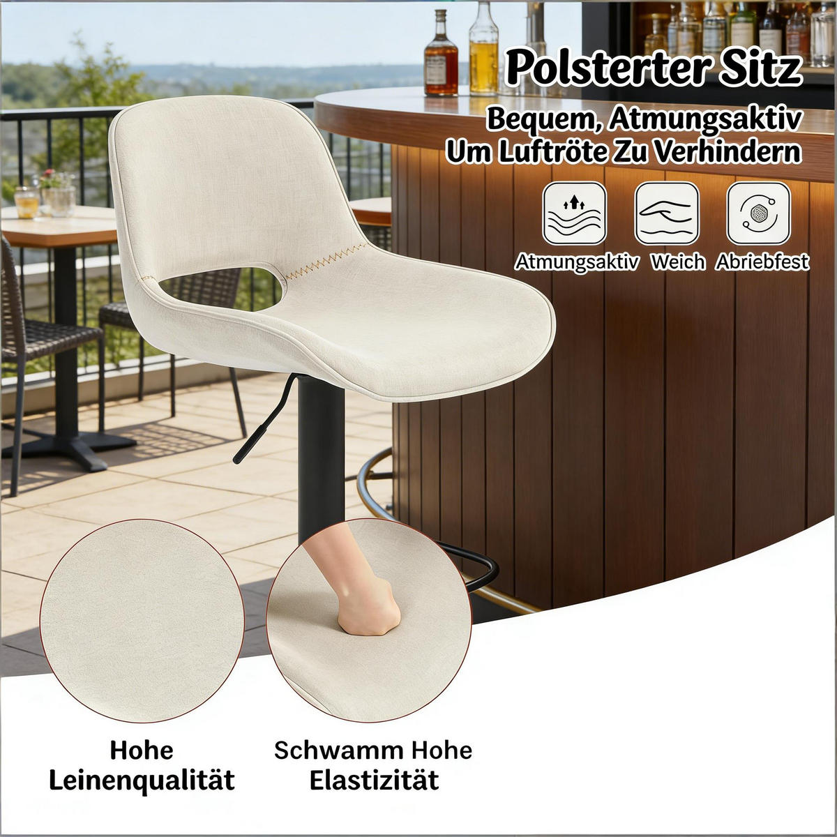 BARHOCKER 2er-Set Beige Drehbar Höhenverstellbar mit Leinen & Rückenlehne - Beige, Metall (49/106/49cm) - PANGIVO