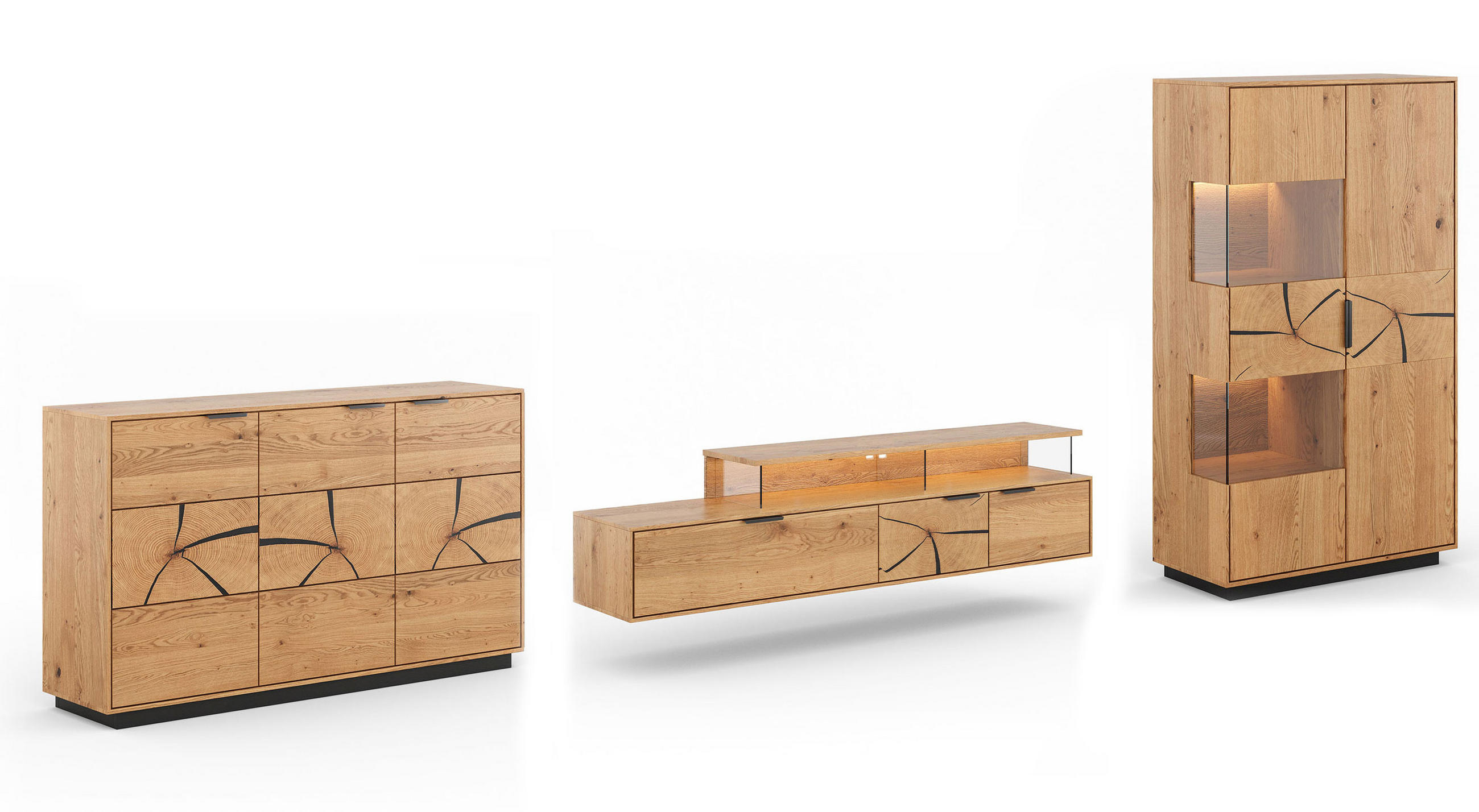 WOHNWAND Tirano 3er-Set Eiche Natur / Hirnholz - Eichefarben/Schwarz, Holz/Metall (437/147/39cm) - Feldmann-Wohnen