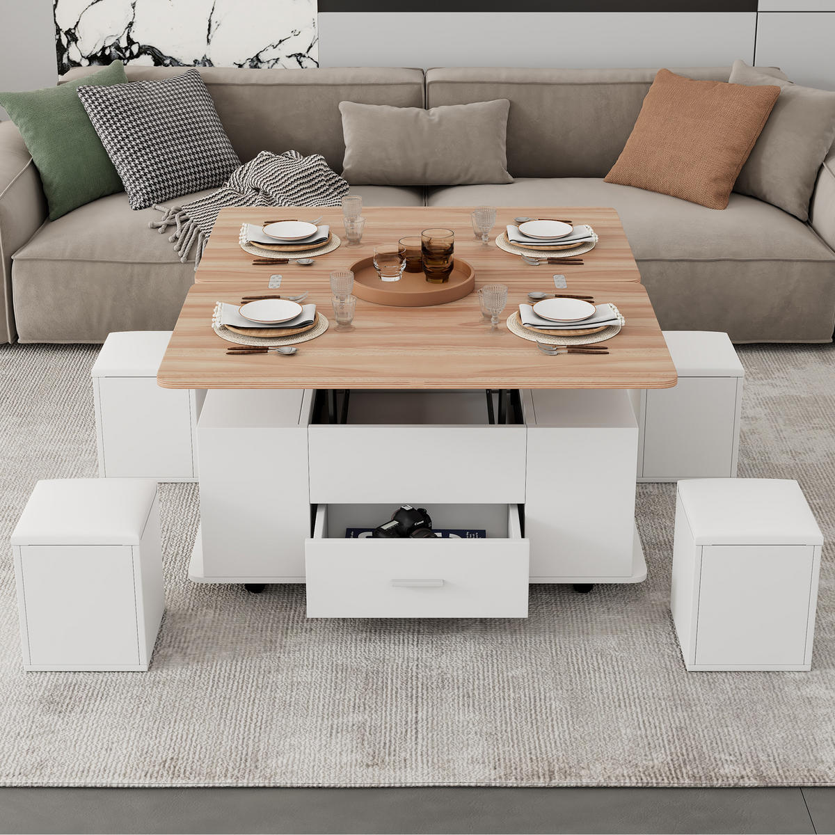 COUCHTISCH Weiß/Naturholzfarben 100/50/45 cm mit 4 Hockern und Stauraum - Weiß, Holzwerkstoff (50/100/45cm) - PANGIVO