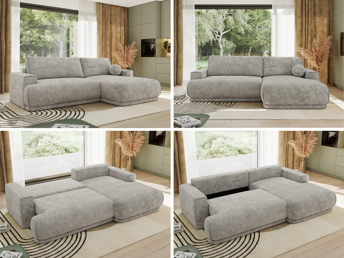 ECKSCHLAFSOFA RINA L Hellgrau Schenille grob gewebt - rechts - Hellgrau/Schwarz, Kunststoff/Textil (170/267cm) - MKS