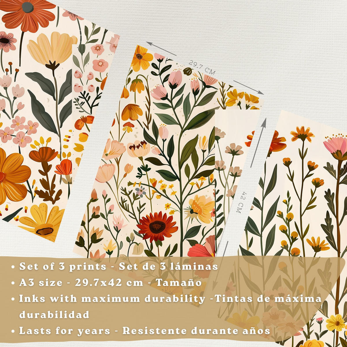 PLAKAT Sada 3 tisků akvarelových květin. Nástěnné umění Barevné botanické minimalistické plakáty s divokými květinami do Obývacího pokoje A3 Černý rám - černá, papír (29.7/42/3cm) - Nacnic