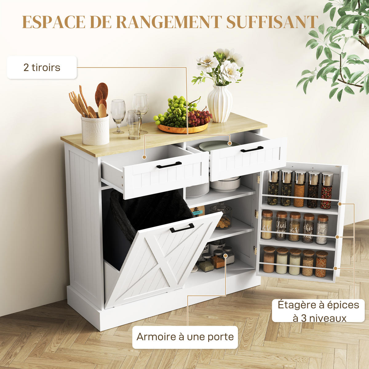 SIDEBOARD DE-11297 Integrierter 38L Mülleimer & Gewürzregal Weiß - Weiß, Holzwerkstoff (36/90/100cm) - ComfortXL