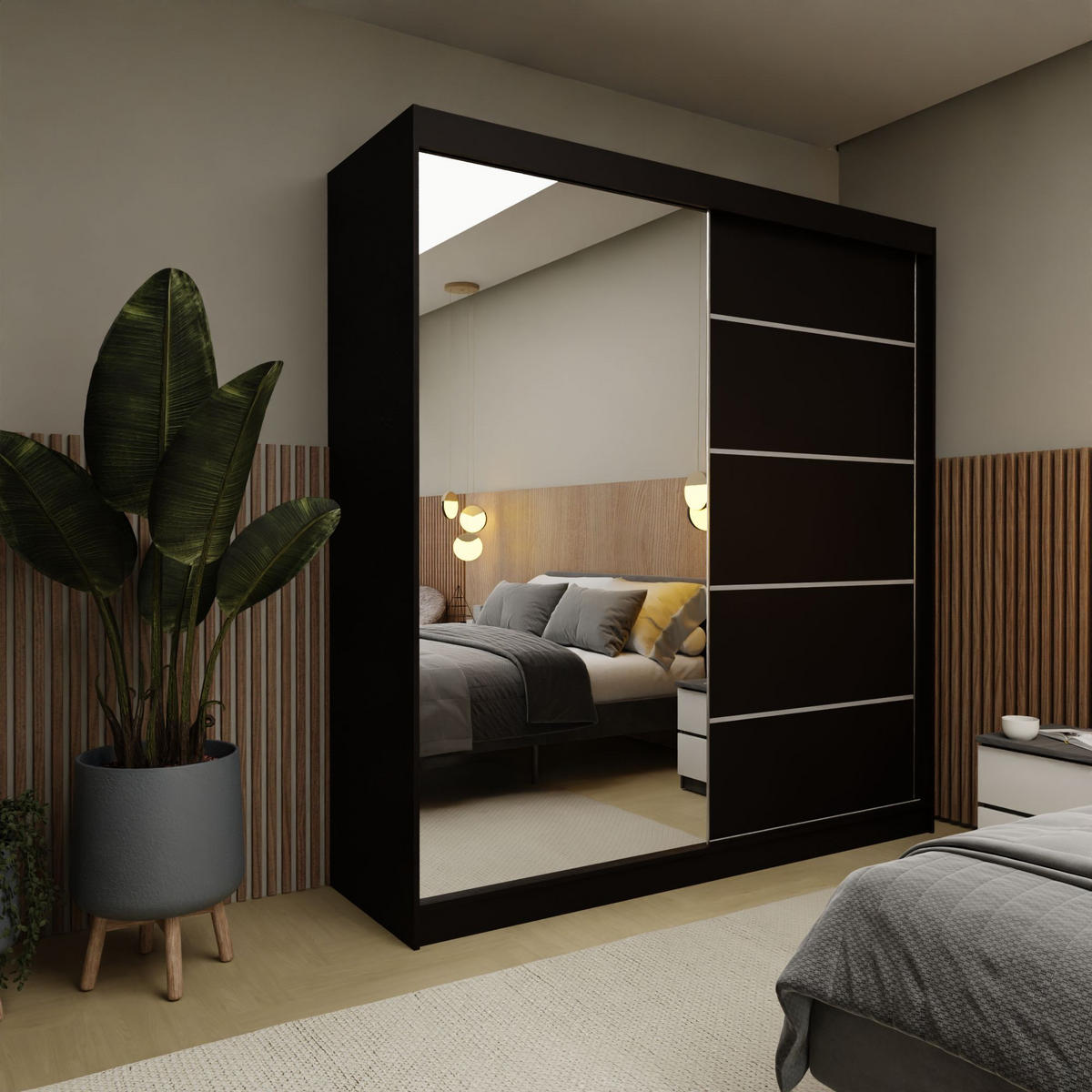 SCHWEBETÜRENSCHRANK MIRELLA 200/216/61 cm 2-türig mit Spiegel Schwarz - Schwarz, Holzwerkstoff (200/216/61cm) - MASSENO
