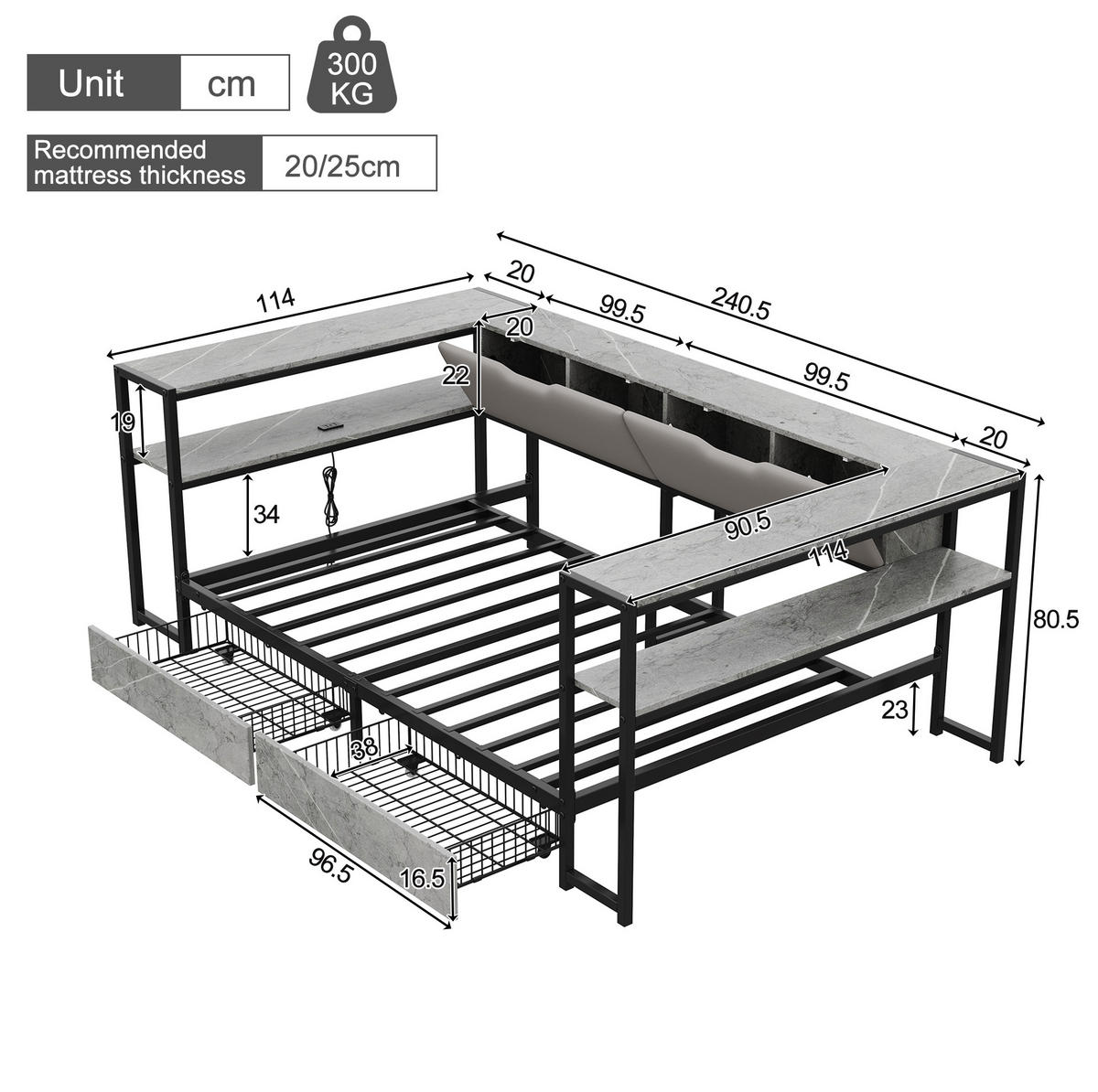 POLSTERBETT 90/200 cm grau aus MDF und Metall mit USB-C und 2 Schubladen - Grau, Holzwerkstoff (90/200cm) - OKWISH
