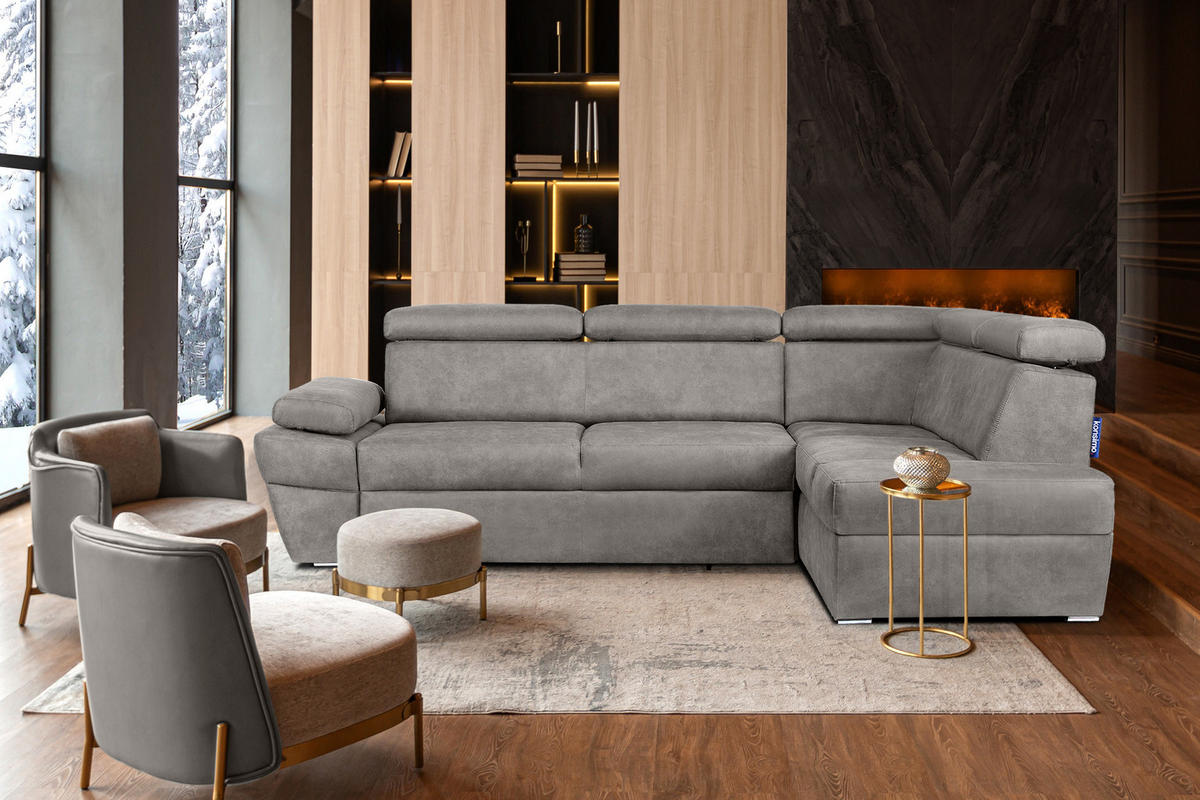 SCHLAFECKSOFA RATLO rechts 4/5-Sitzer mit Bettkasten in Lederoptik, silber - Silberfarben, Textil (270/190cm) - KONSIMO®