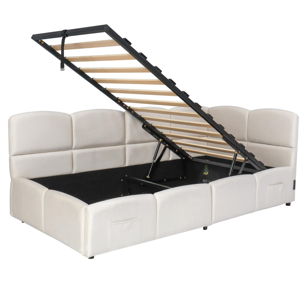 POLSTERBETT aus Samt 90x200 cm in Beige mit Stauraum & USB-Anschlüssen - Beige, Textil (90/200cm) - Modfu