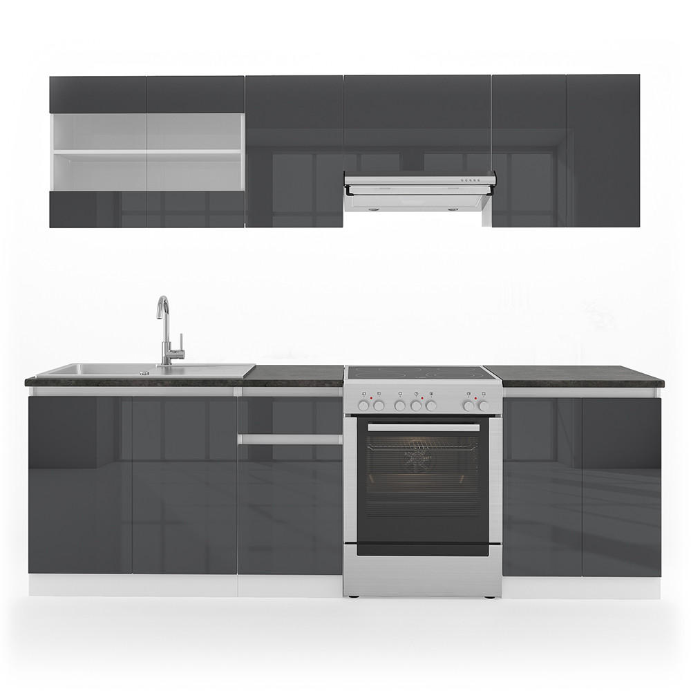 KÜCHENZEILE Raul Anthrazit/Weiß 240 cm, AP Schwarz - Anthrazit/Schwarz, Holzwerkstoff (240/81.6/60cm) - Vicco