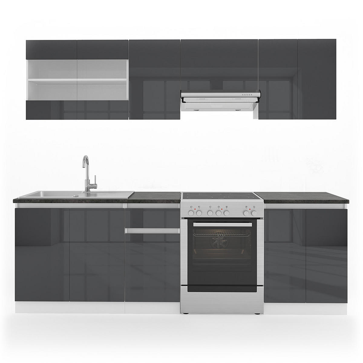 KÜCHENZEILE Raul Anthrazit/Weiß 240 cm, AP Schwarz - Anthrazit/Schwarz, Holzwerkstoff (240/81.6/60cm) - Vicco