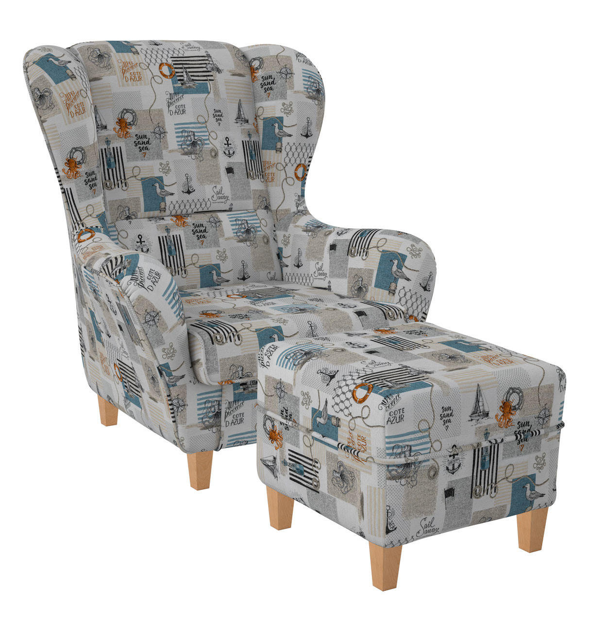 OHRENSESSEL Sofia Relaxsessel mit Hocker | Design Côte D'Azur - Blaugrau, Textil (92/68/95cm) - Supellex