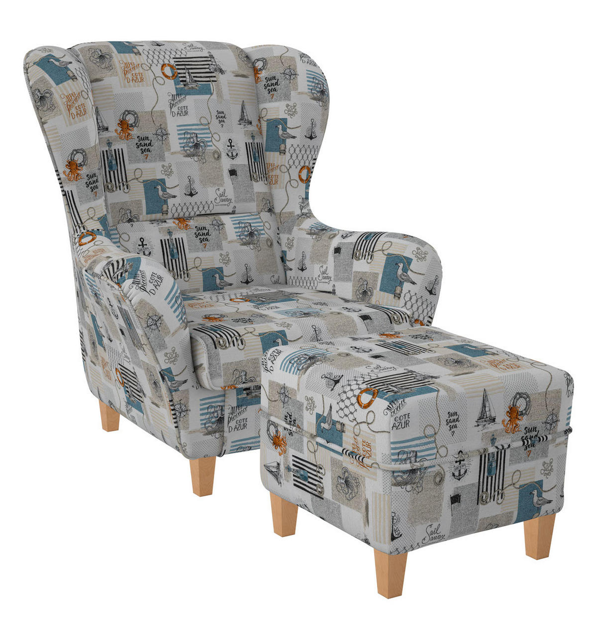 OHRENSESSEL Sofia Relaxsessel mit Hocker | Design Côte D'Azur - Blaugrau, Textil (92/68/95cm) - Supellex