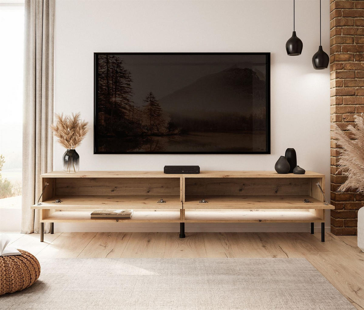 TV-LOWBOARD Schrank CALANTE 180 LOFT cm auf geraden schwarzen Beinen - Schwarz/Eiche Artisan, Holzwerkstoff/Metall (180/44/35cm) - Lookway