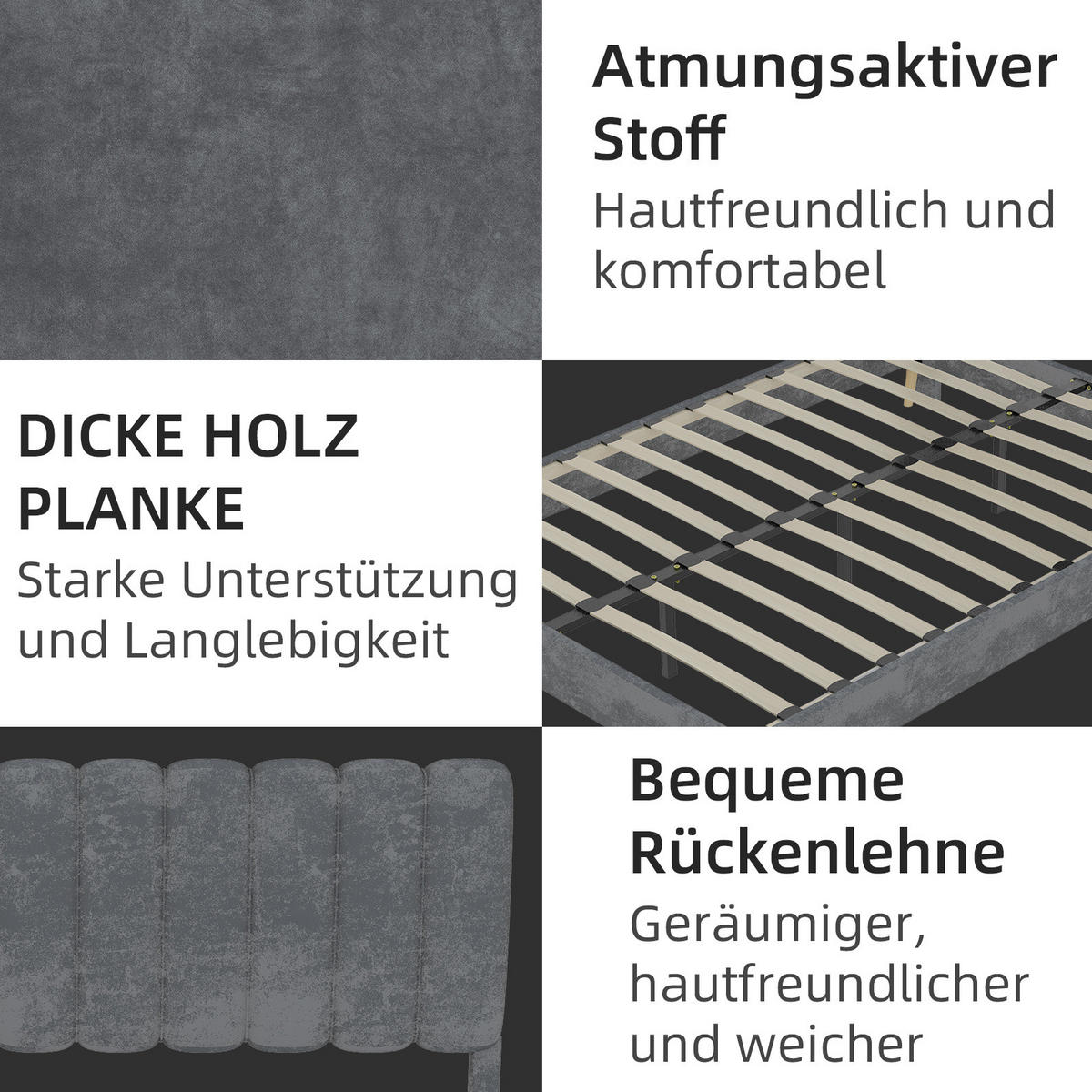 POLSTERBETT 160/200 cm grau aus Stoff und Metall mit Kopfteil - Grau, Textil (160/200cm) - OKWISH