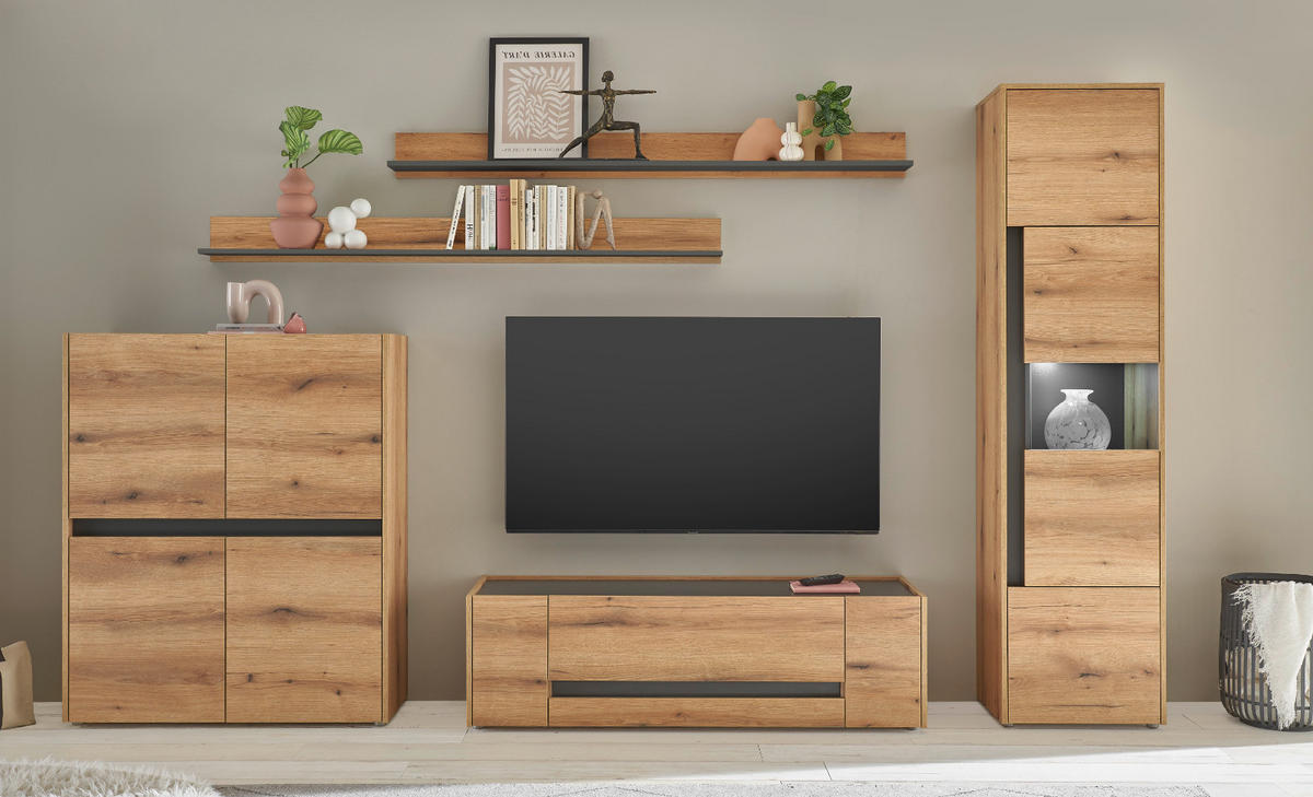 WOHNWAND Evoke Eiche, grau, Wohnkombination Set 5-teilig 350 cm - Eichefarben/Grau, Glas/Holz (350/197/45cm) - Furn.Design