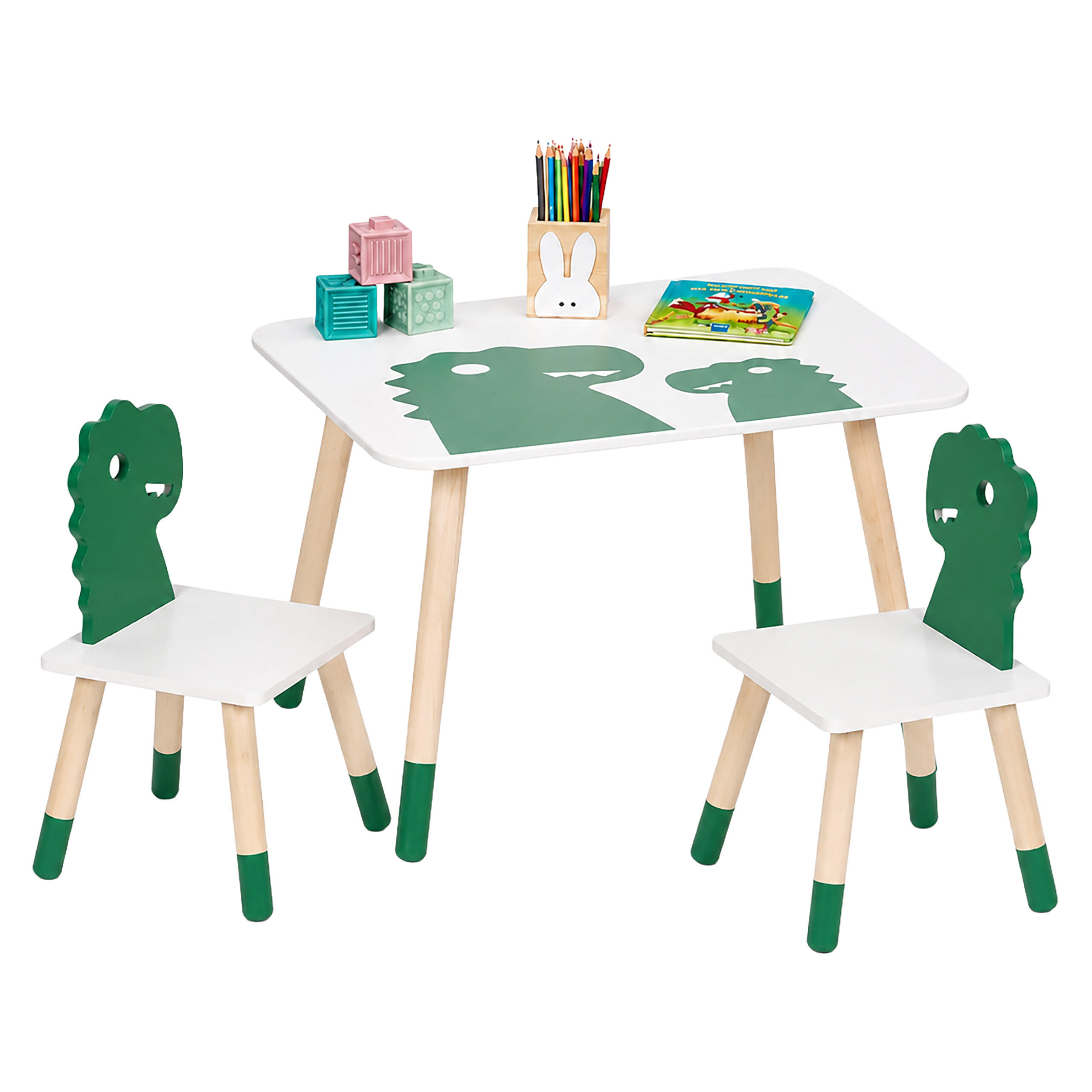 KINDERSITZGRUPPE Weiß Grün Natur 3-tlg. Tisch 2 Stühle - Multicolor, Holz/Holzwerkstoff (60/45/60cm) - Relaxdays