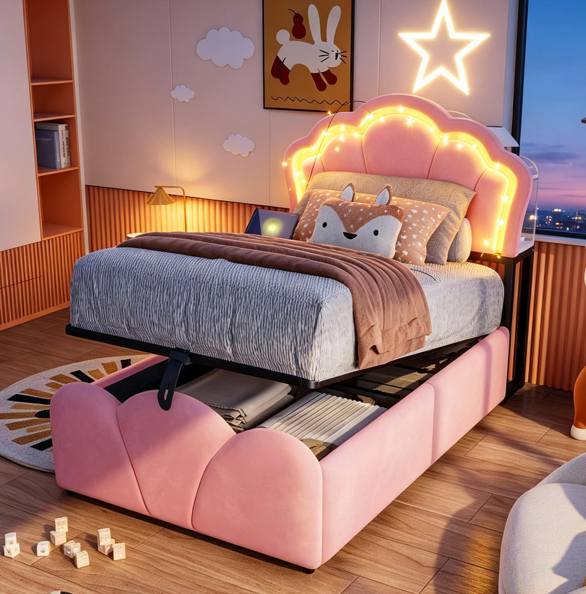 POLSTERBETT 90/200 cm aus Samt mit LED, Stauraum, Steckdosen, Rosa - Pink, Textil (90/200cm) - OKMYHOME