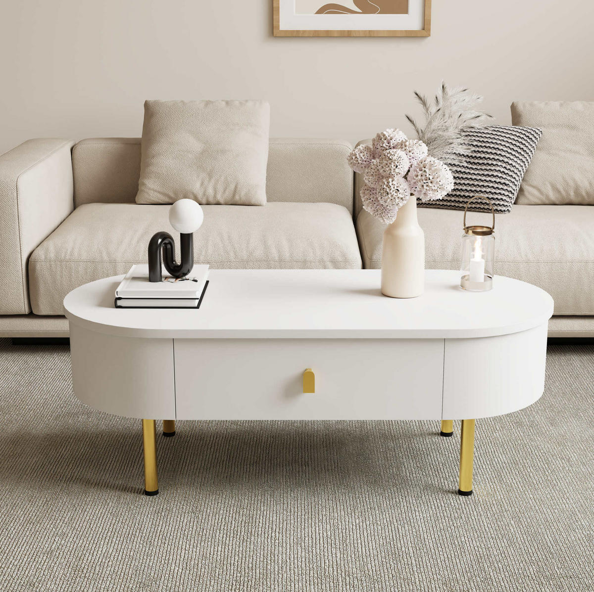 KONFERENČNÍ stolek 108/50/40 cm bílý se zlatými detaily z MDF se 2 zásuvkami - bílá, kompozitní dřevo (108/50/40cm) - OKWISH
