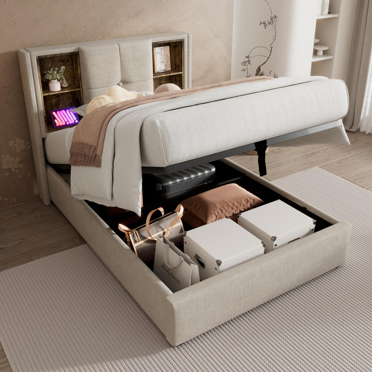 BETT mit Stauraum und Ladestation 90x200 cm Linen Natural - Braun, Metall (90/200cm) - Meubliv