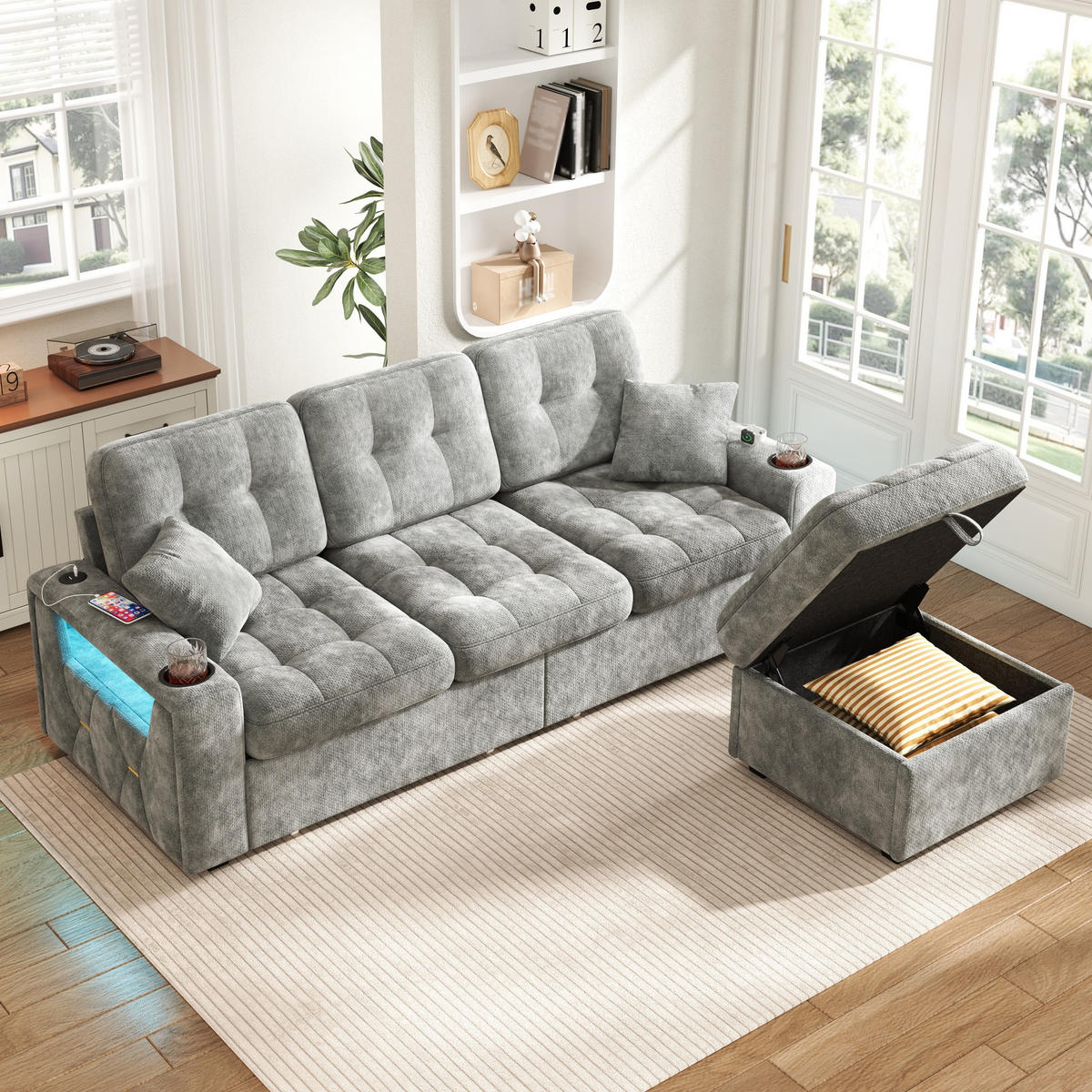 BIGSOFA aus Chenille mit USB-C, LED, Getränkehaltern und Stauraum - Dunkelgrau, Textil (194.5/83/133cm) - EVRYAE