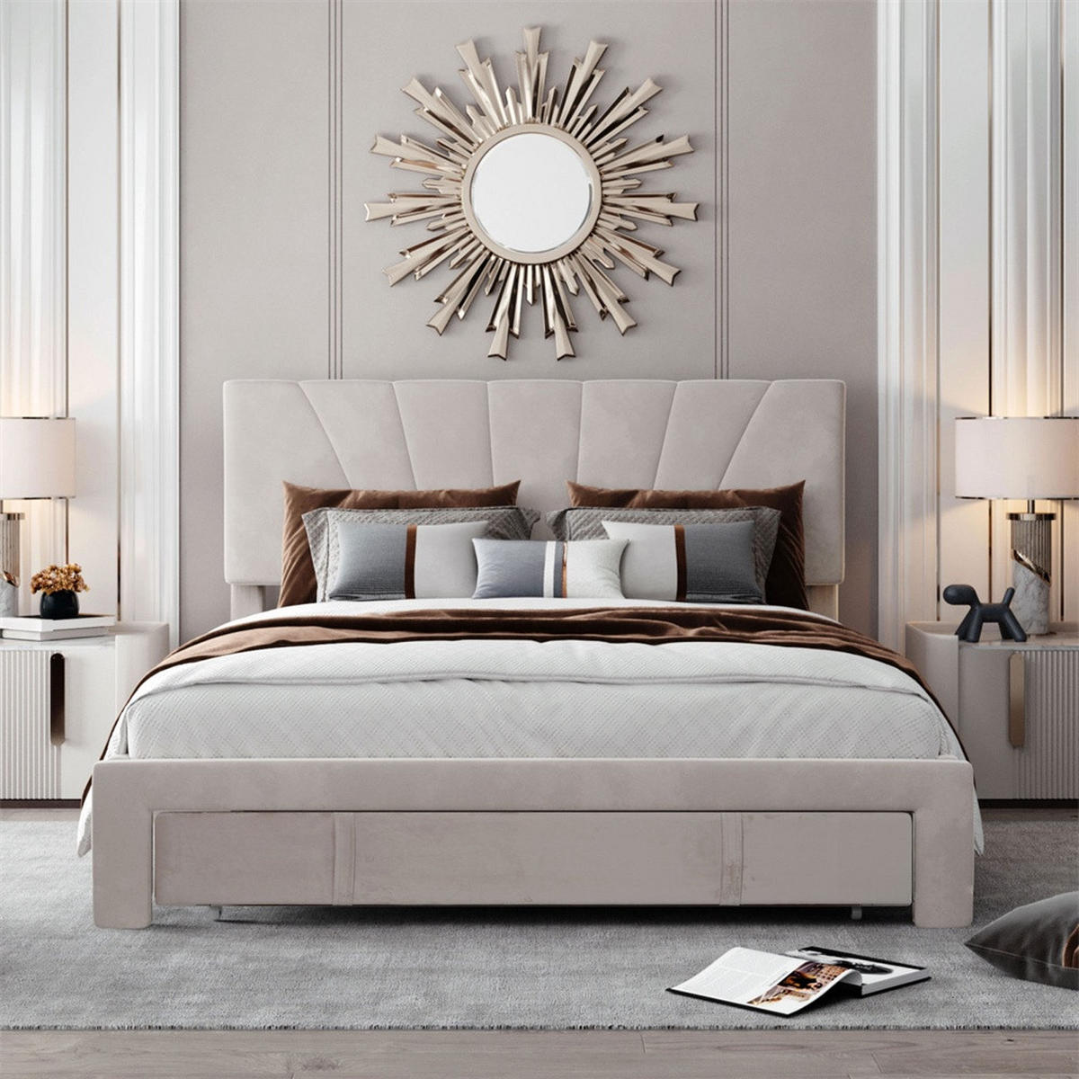 POLSTERBETT 140x200 cm mit höhenverstellbarem Kopfteil - Integrierte Bettschublade am Fußende - ohne Matratze - Beige - Beige, Textil (140/200cm) - DELFA