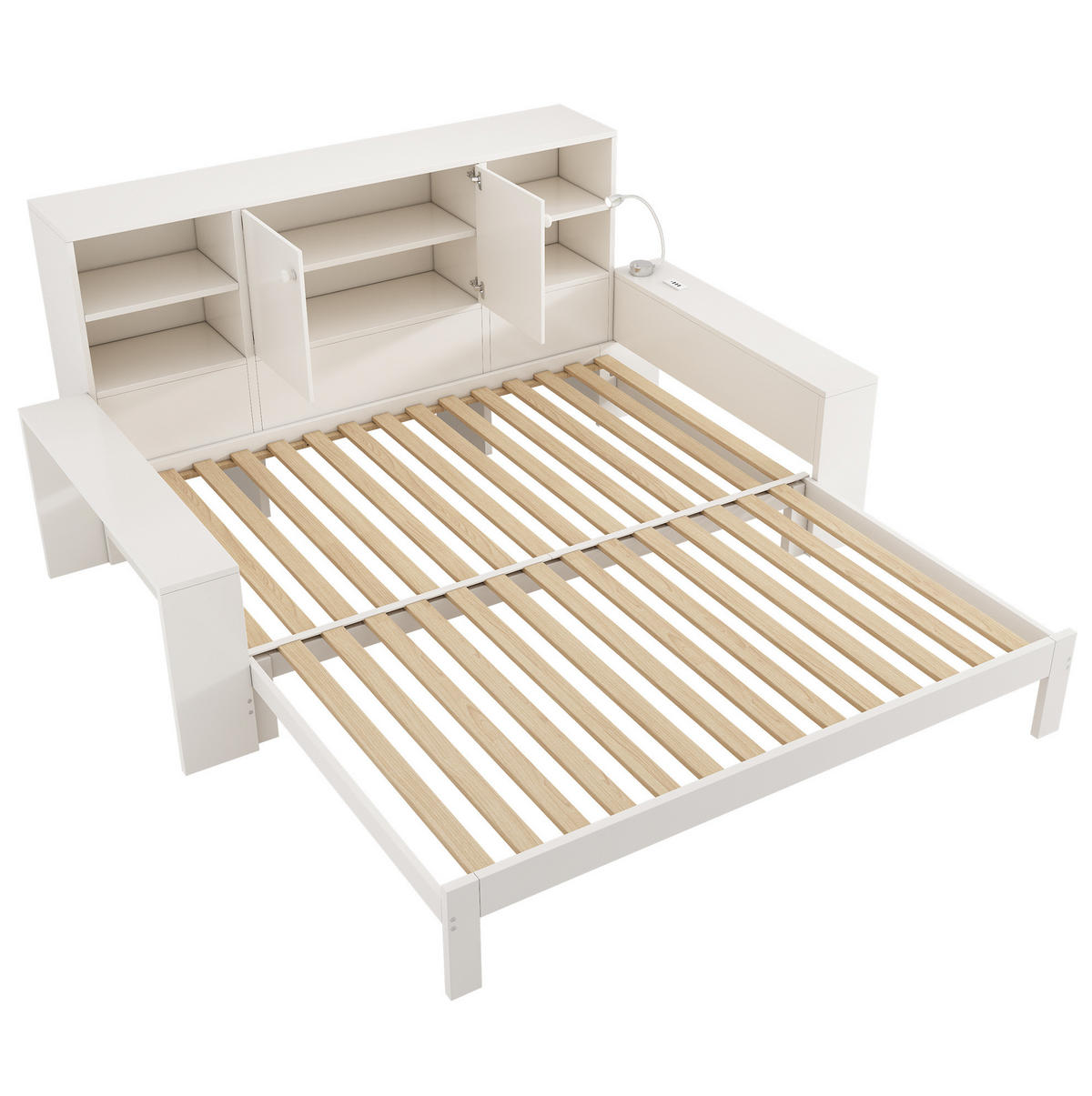 DENNÁ posteľ 90/200 cm biela s výsuvným lôžkom, úložným priestorom a USB portmi z MDF a preglejky - biela, kompozitné drevo (90/200cm) - OKWISH