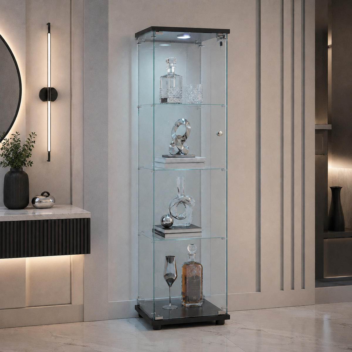 VITRINE,TRANSPARENT, 4-stufig, mit LED-Beleuchtung, schwarzer Rahmen, abschließbare Tür - Schwarz, Glas (42.5/164/36.5cm) - Joyfair