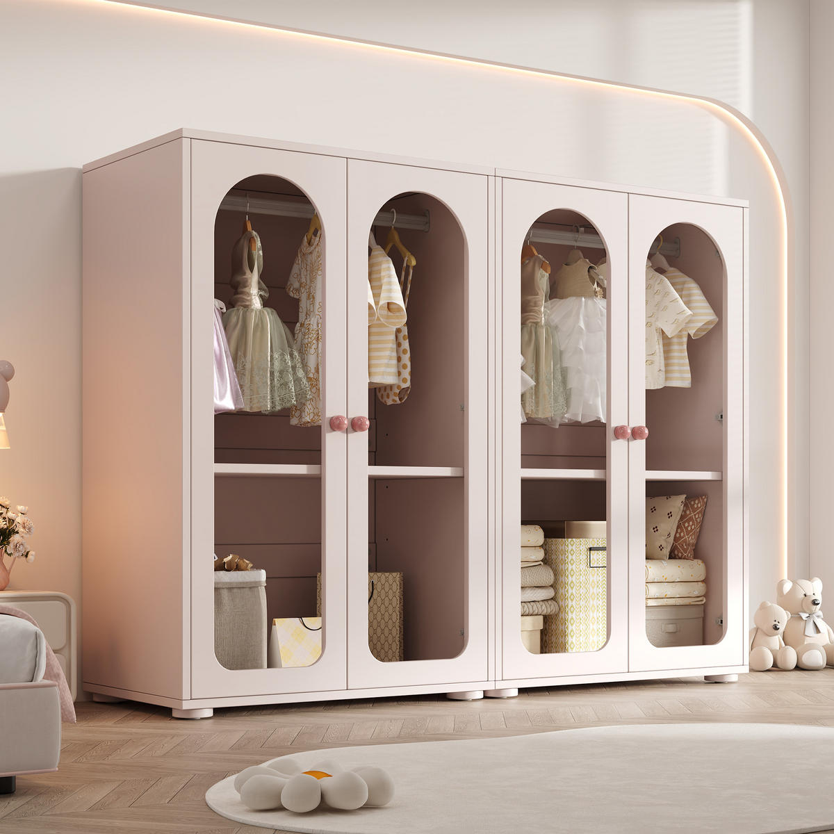 GARDEROBENSCHRANK mit Acryl Türen und Kleiderstange mit Verstellbaren Böden für Kinderzimmer Babyrosa 2er Set - Rosa, Holzwerkstoff/Metall (160/120/50cm) - EVRYAE