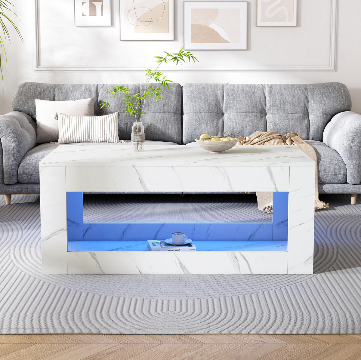 KONFERENČNÍ stolek z dřevotřísky 100x50x50 cm bílý s LED osvětlením, vysokým leskem a otevřeným úložným prostorem - bílá, kompozitní dřevo (100/50/50cm) - Modfu