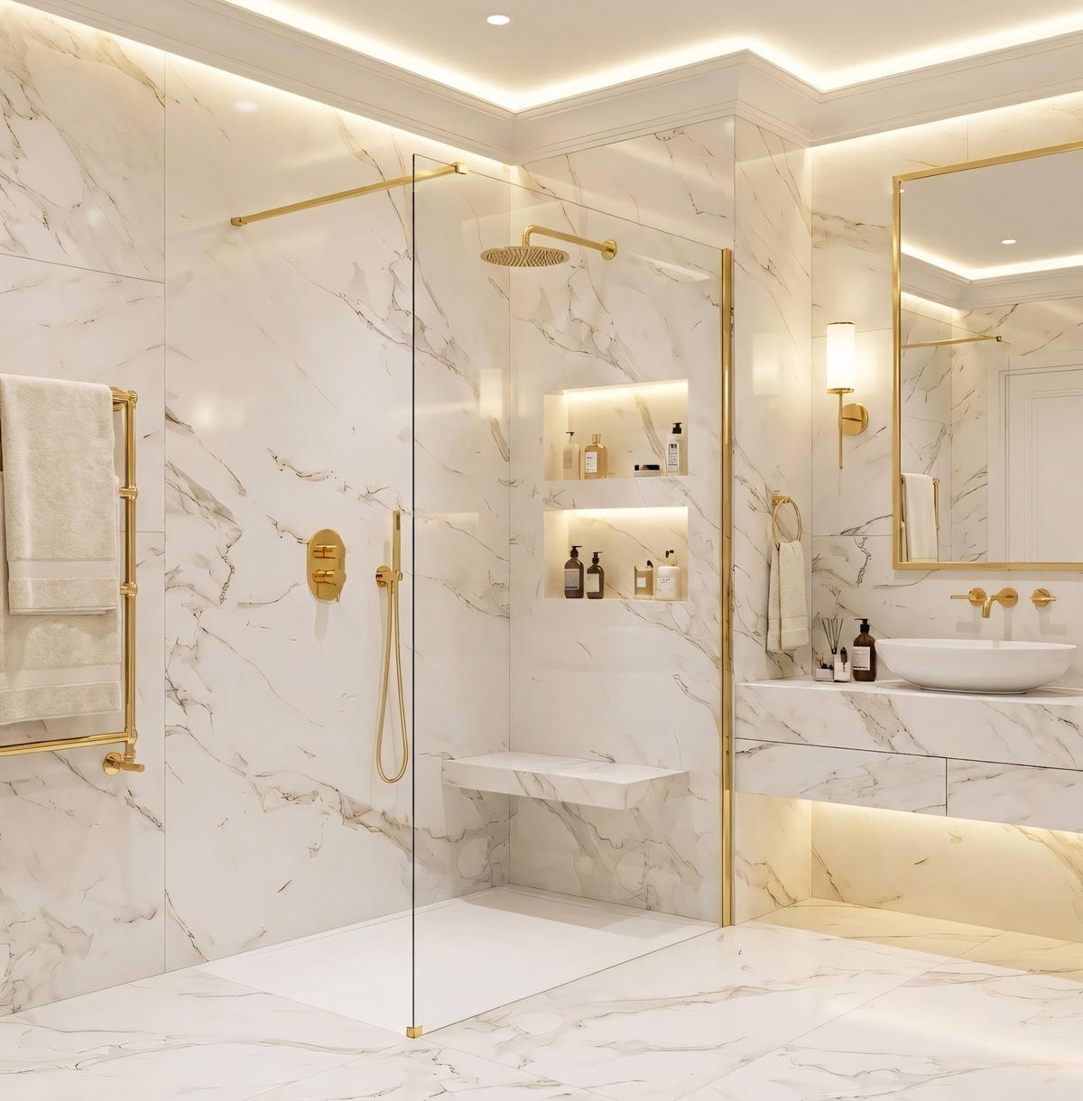 DUSCHWAND Rea Flexi Transparent / Gold 140 - Goldfarben, Glas (120/140/195cm) - REA