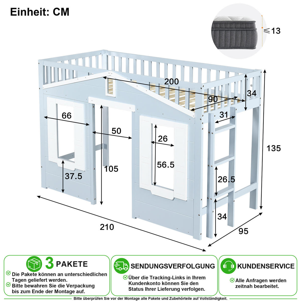 HOCHBETT 90/200 cm in Weiß & Blau mit Fenstergestaltung und flexibel montierbarer Treppe - Blau, Holz/Holzwerkstoff (90/200cm) - CHICFURN