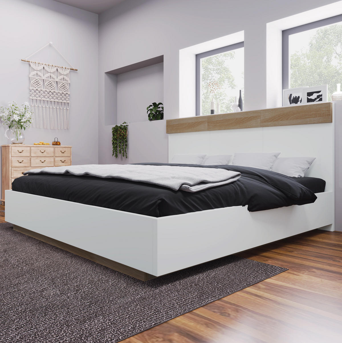 DOPPELBETT 160/200 cm aus werkstoff mit Lattenrost, Schwebeoptik und Kopfteil, Weiß/Sonoma-Eiche - Weiß, Holzwerkstoff (160/200cm) - Redom