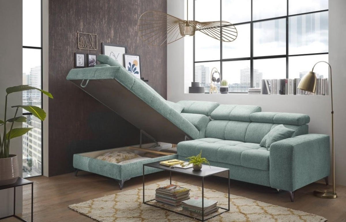 ECKSOFA mit Schlaffunktion und Bettkasten, Luxus-Mikrofaser - Blau/Schwarz, Textil/Metall (282/198cm) - ed exciting design