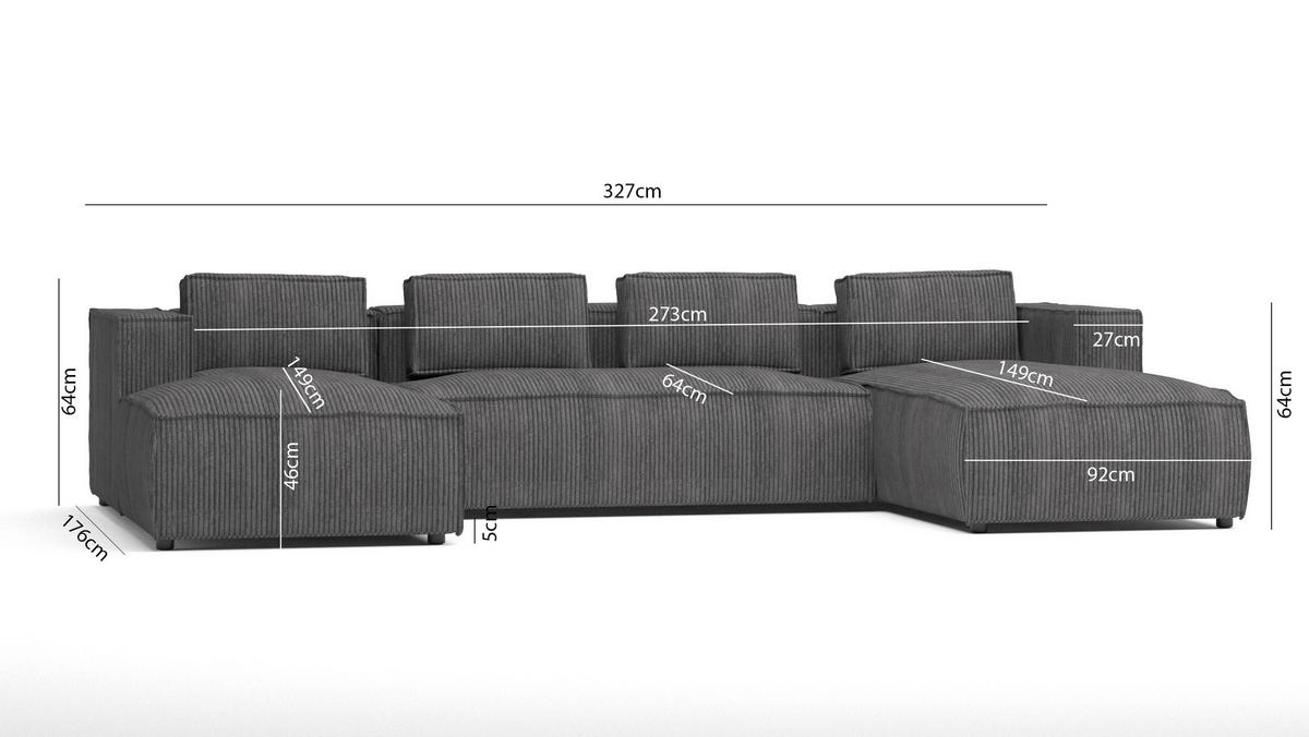 WOHNLANDSCHAFT Nova Grau Cord - Schwarz/Grau, Holz/Kunststoff (327/64/176cm) - S-Style Möbel