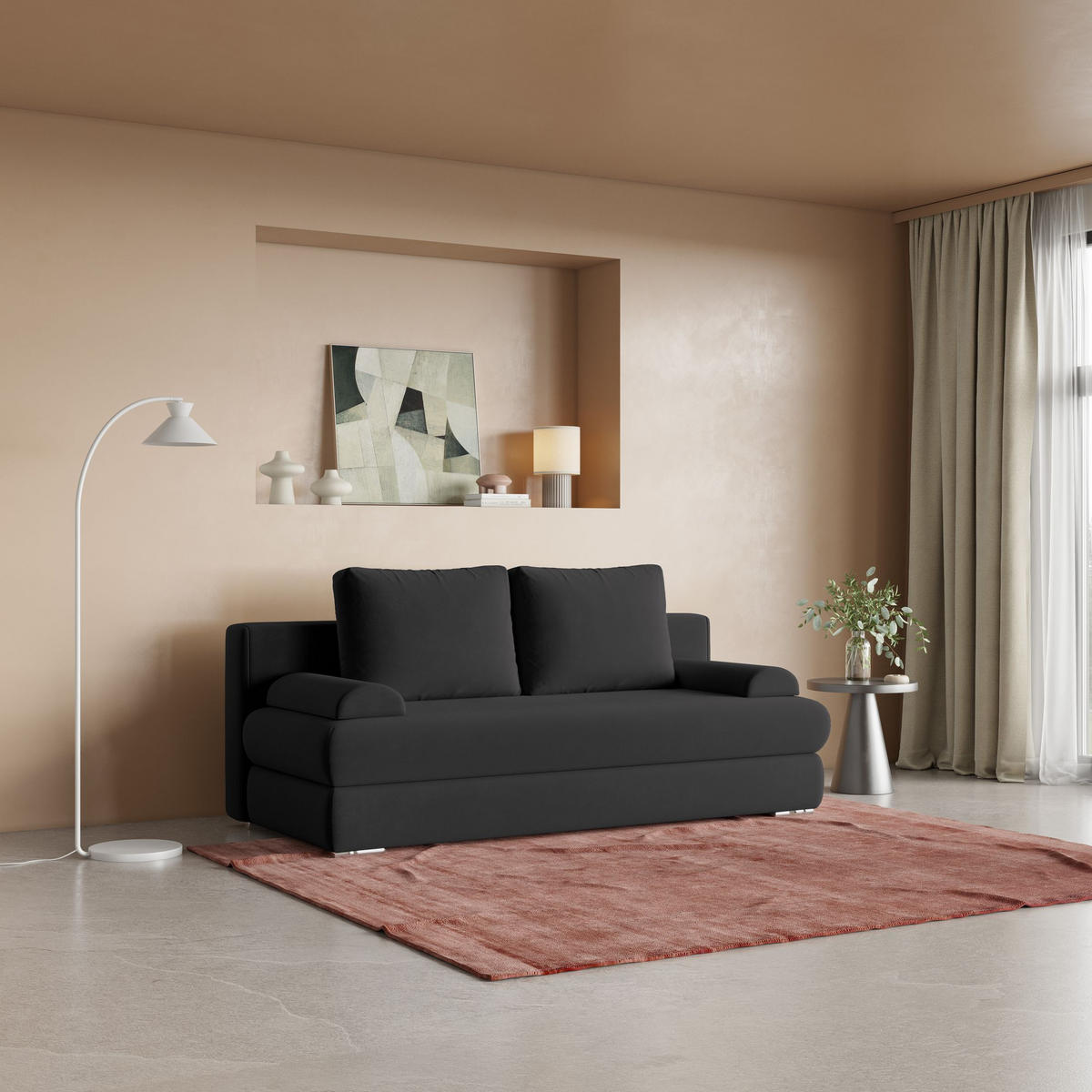 POHOVKA ASPERO, Plyšová látka KRONOS, Černá - černá/stříbrná, kompozitní dřevo/textil (200/75/95cm) - MASSENO