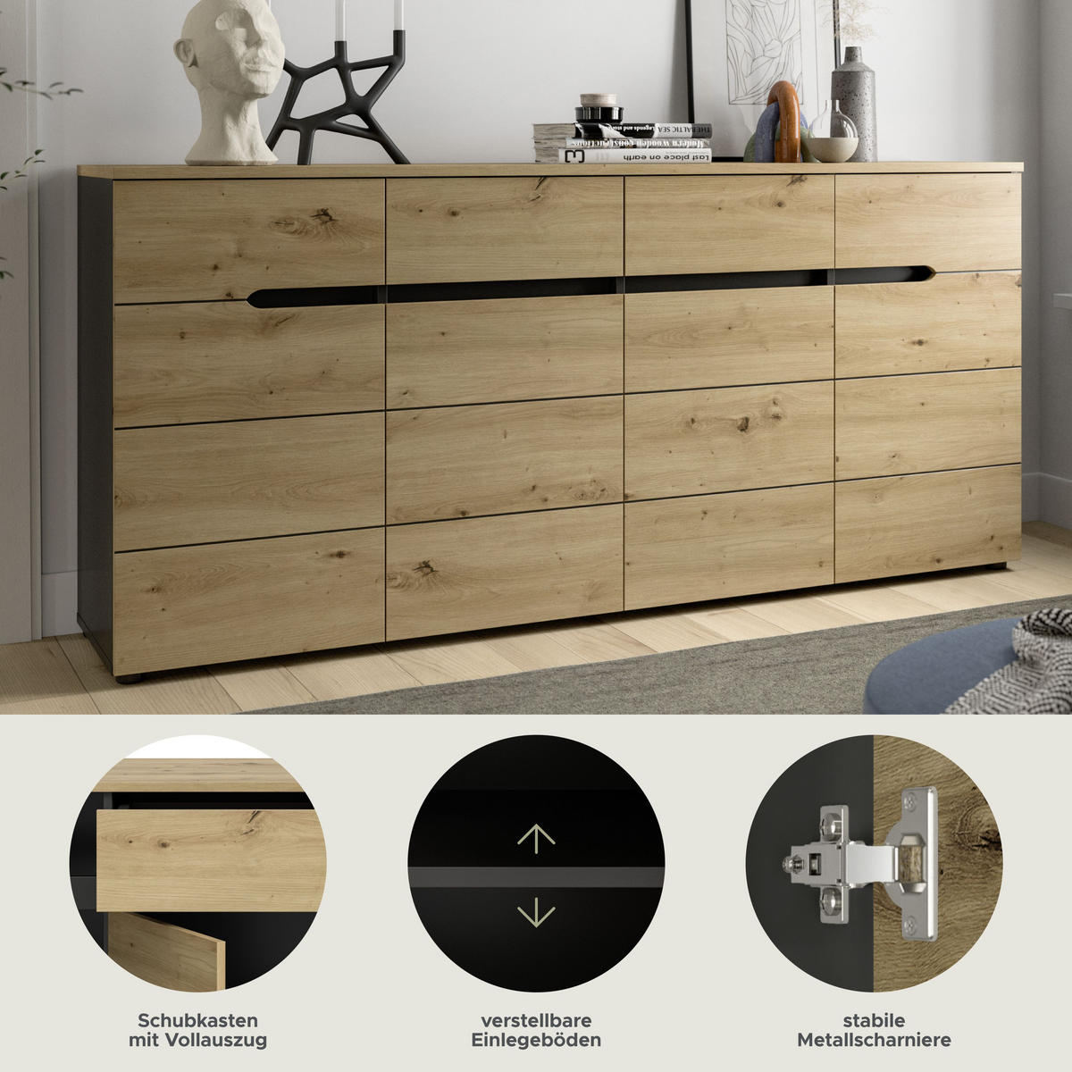 KOMMODE Canu Artisan 173/41/81 cm - Grau, Holzwerkstoff (173/81/41cm) - Xonox