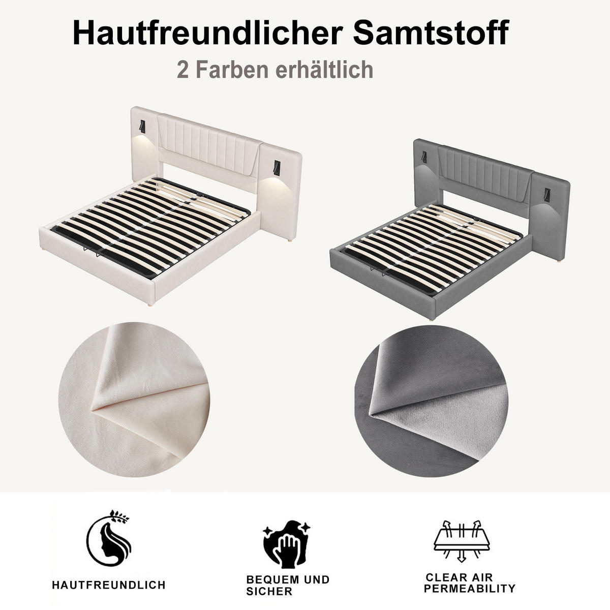 POLSTERBETT 180x200 cm in Beige mit hydraulischem Stauraum, Leselampen und USB-Anschlüssen - Beige, Textil (180/200cm) - IVMEU
