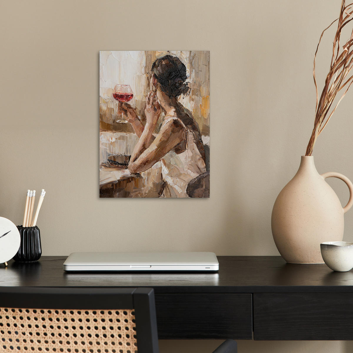 PLAKÁT Olejomalba - Žena - Víno 30x40 cm - světle hnědá, papír (30/40/0.1cm) - MuchoWow