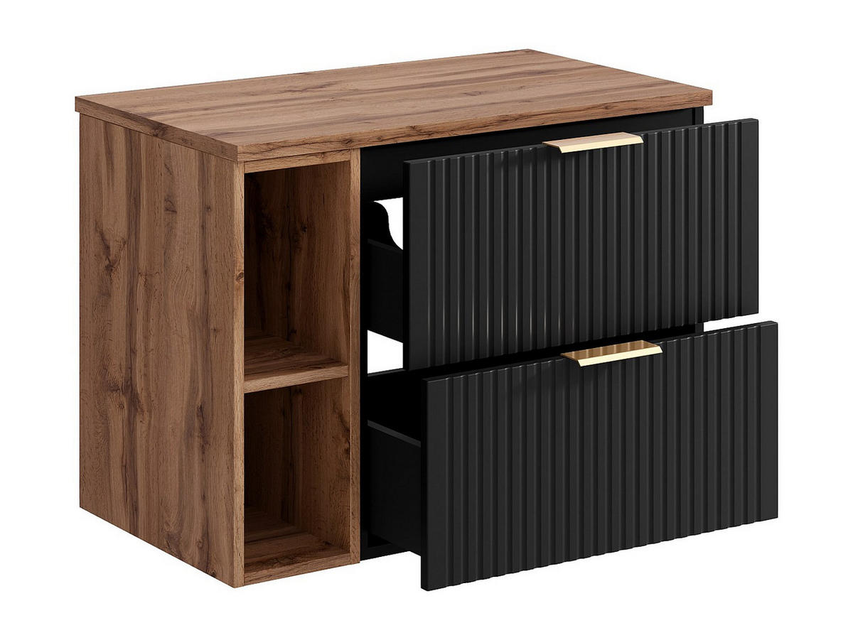 WASCHBECKENUNTERSCHRANK hängend mit Ablagen - Streifenoptik - Schwarz & Holzfarben hell - 80 cm - ZEVARA - Schwarz, Holz (80/57/46cm) - Vente-Unique