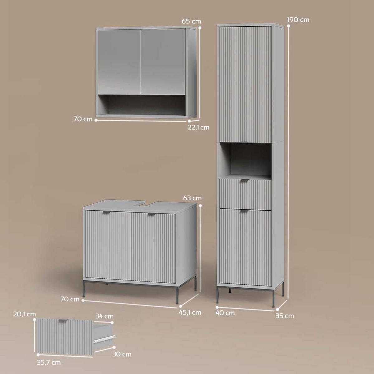 BADMÖBEL-SET ATERNO Grau 3 Teile, mit Hochschrank - Grau, Holzwerkstoff (70/63/45cm) - Livinity®