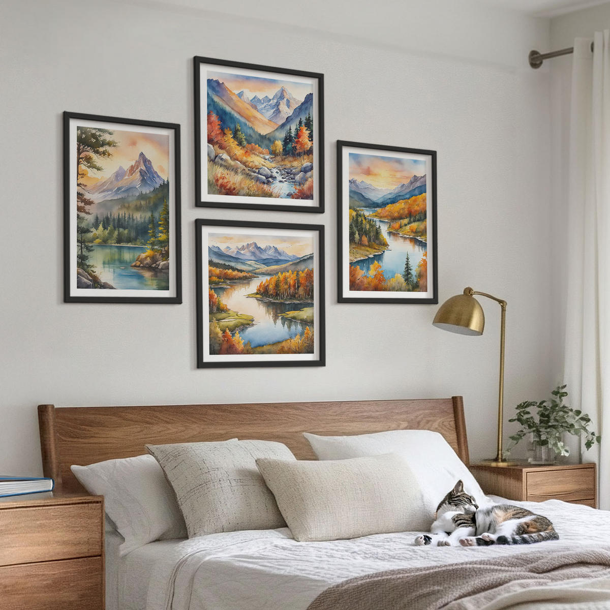 WANDBILDER 4er-Set - 50x50 cm & 40x60 cm Schwarzer Rahmen - Berglandschaften mit einem Fluss - Schwarz, Kunststoff (50/50cm) - ArtPrintCave