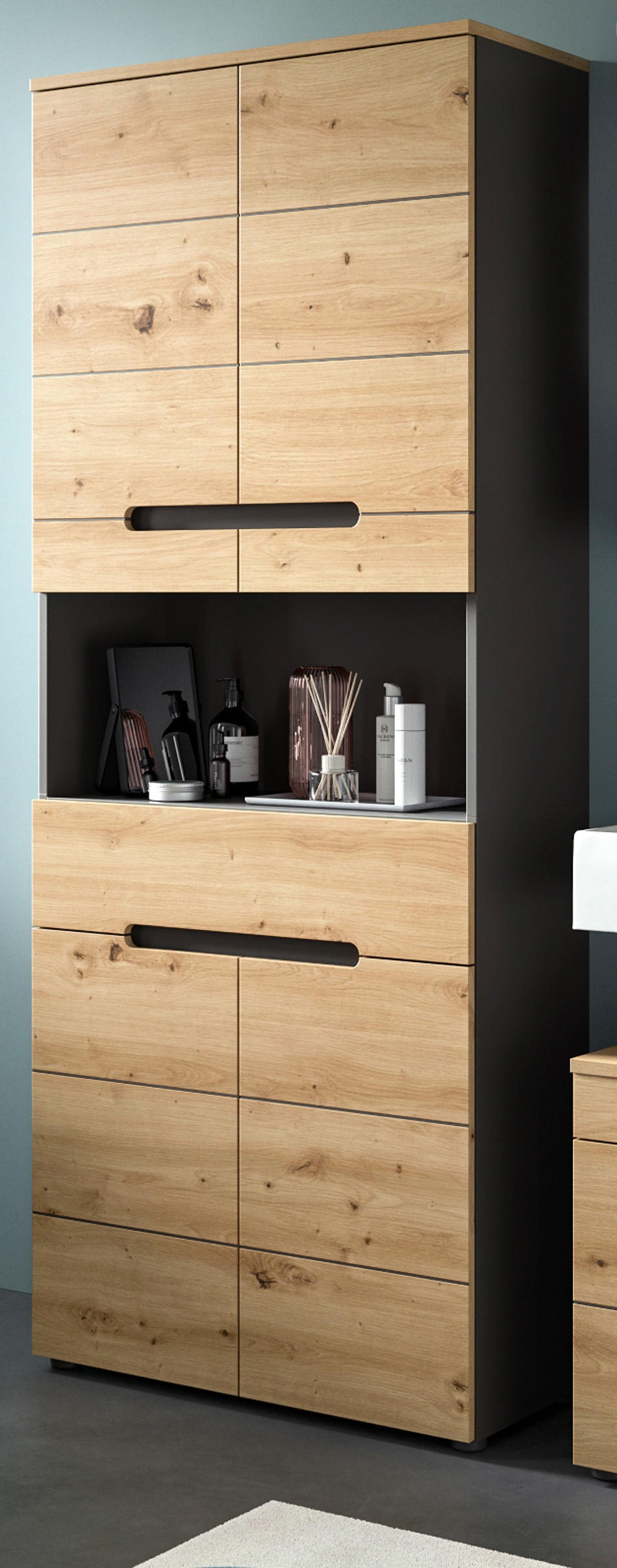 BADMÖBEL-SET Eiche, grau 3-teilig 154 cm, Komplettset mit Soft-Close - Schwarz/Eiche Artisan, Glas/Holzwerkstoff (154/193/34cm) - Inn.Furn