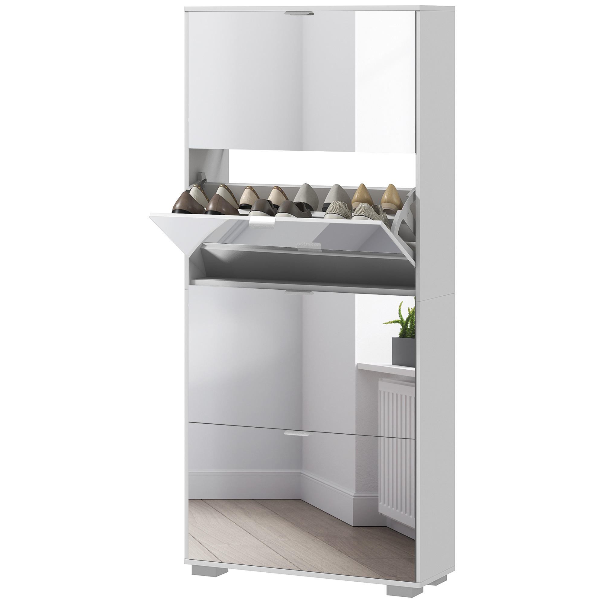 SCHUHSCHRANK mit vier Flügeltüren und verstellbaren Einlegeböden, Platz für 24 Paar Schuhe, Maße 76 x 26 x 168 cm - Weiß, Holzwerkstoff (76/168/26cm) - HOMCOM