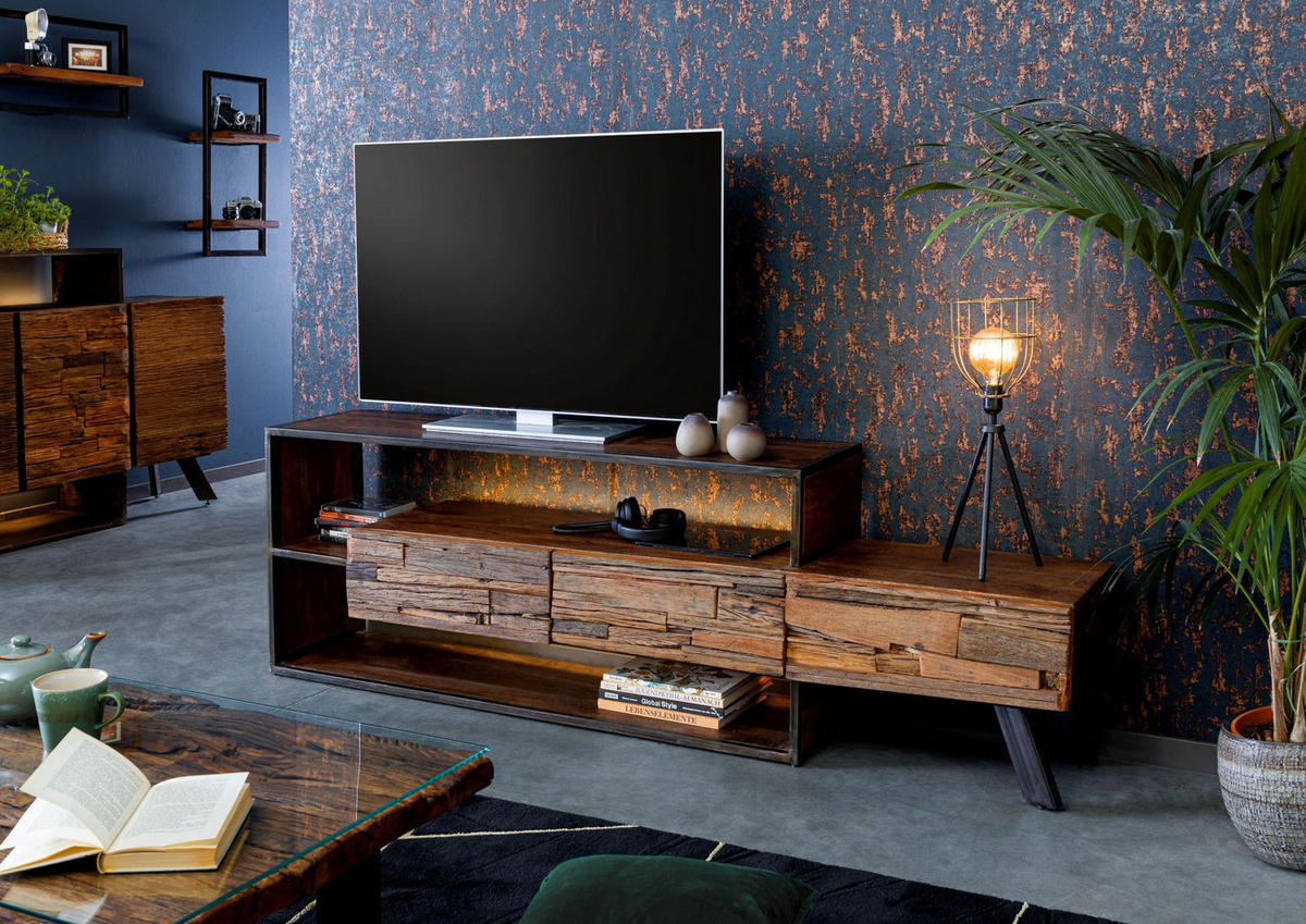 TV-BOARD Akazie / Altholz 195x40x60 braun lackiert SEVILLA #04 - Braun, Holz (195/60/40cm) - Massivmoebel24