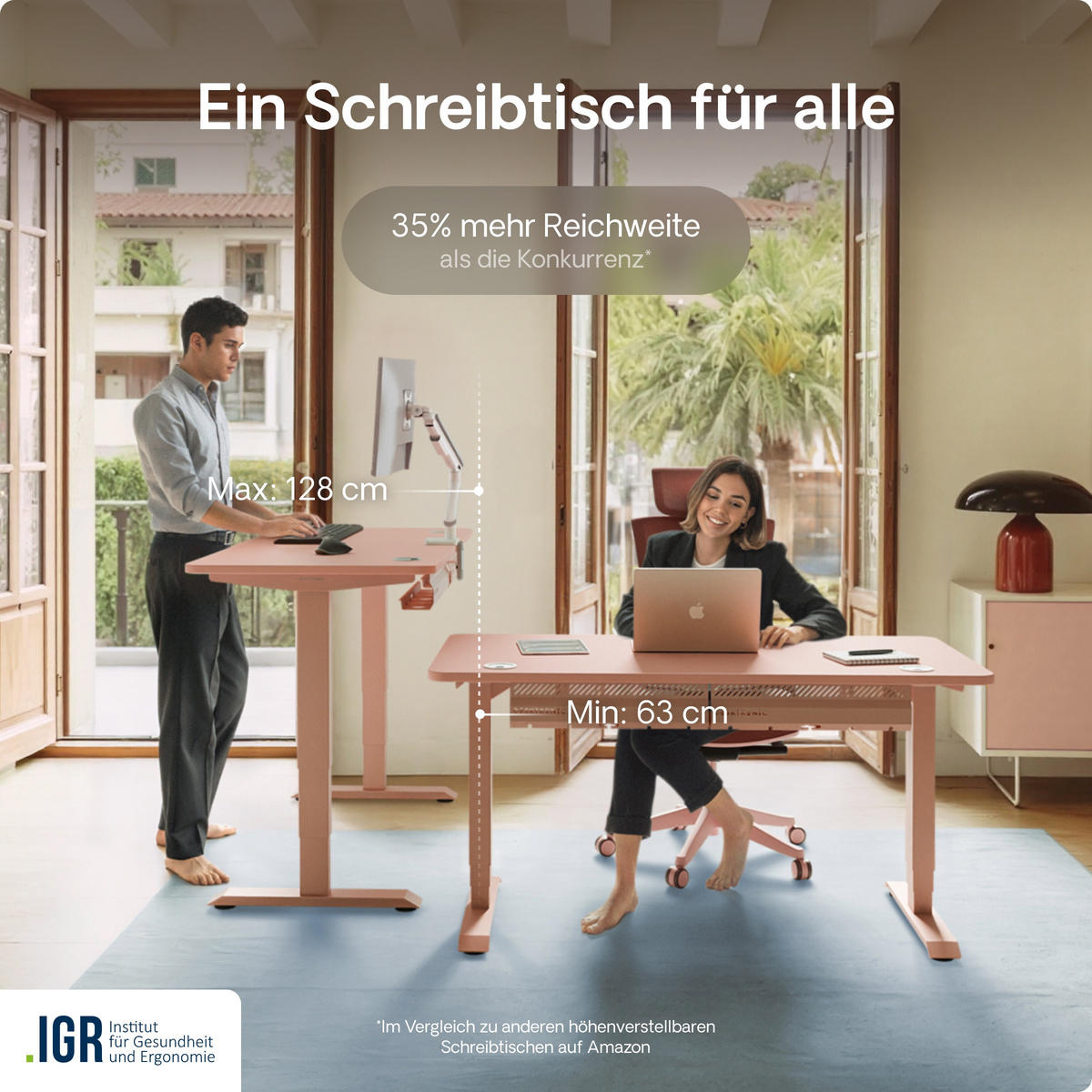 SCHREIBTISCH Elektrisch Höhenverstellbarer HomePro 120x60cm Rosa/Rosa mit Memory-Funktion, Anti-Kollisions Technologie - Pink, Holzwerkstoff (60/120/72cm) - Desktronic